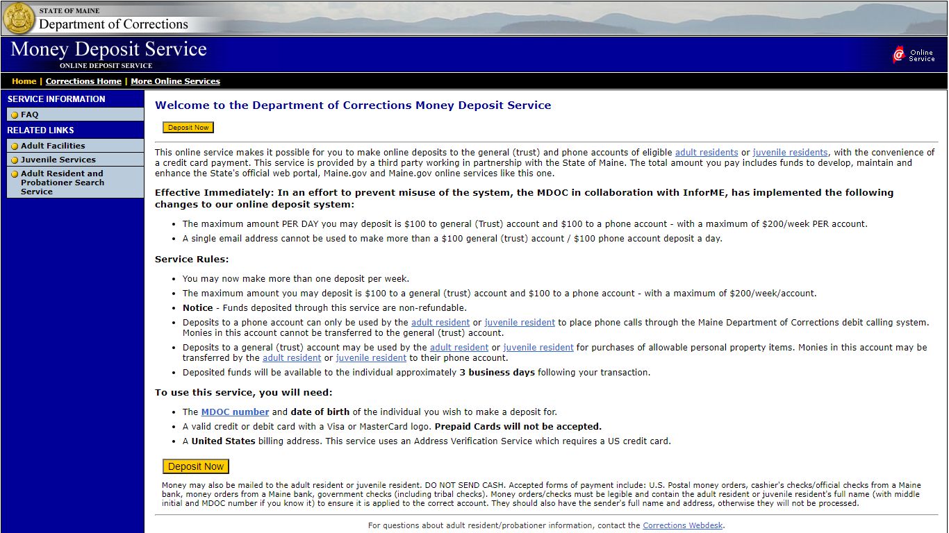 Money Deposit Service - Maine